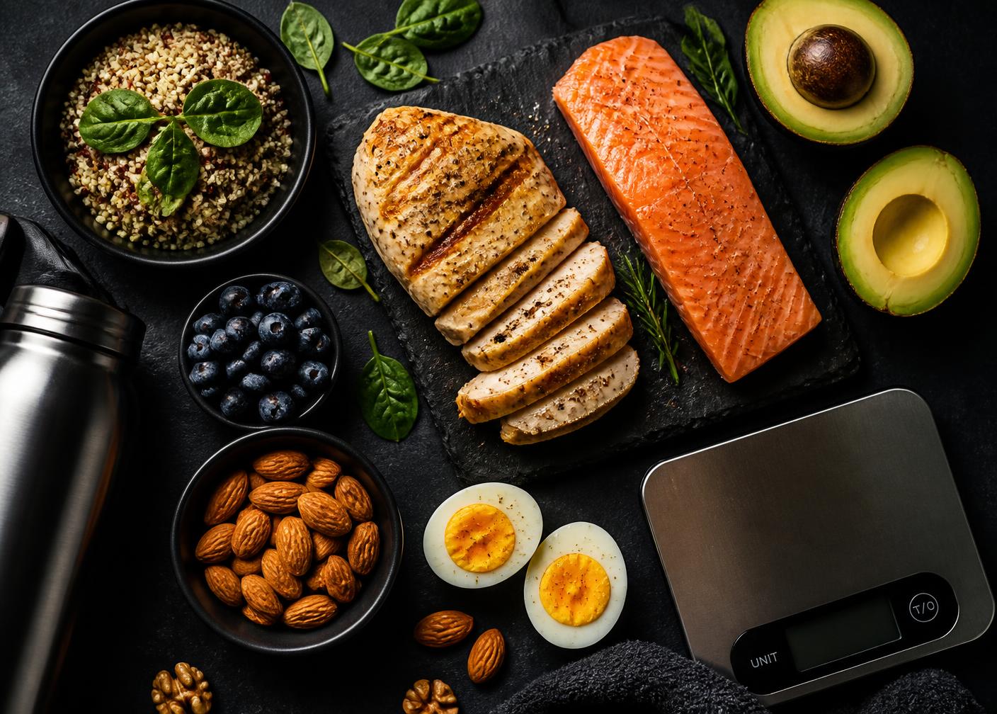 Alimentos ricos em proteína, hidratos e gorduras saudáveis numa mesa escura